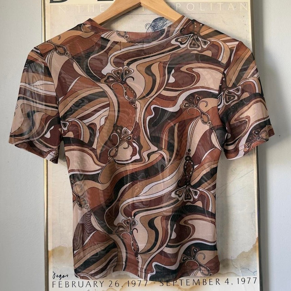 Brown‎ Fitted Abstract Swirls Butterfly Mesh Y2K Sheer Bodycon Baby Tee — Size M - Picture 5 of 8
